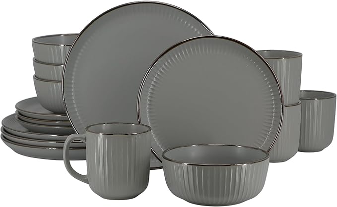 16 Piece White Stoneware Dinnerware Set – Microwave &amp Dishwasher Safe Plates Bowls and Mugs for 4 (Gray)