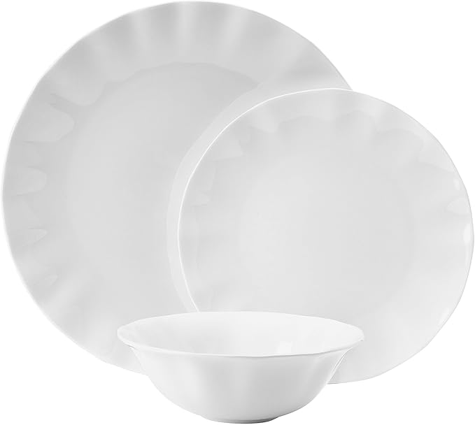 Mikasa Elodie Scalloped 12 Piece Bone China Durable Chip Resistant Lightweight Dinnerware Set Service for 4 White