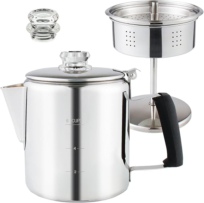 Multi Use Percolator Coffee Pot Stainless Steel Stove Top Coffee Maker with Two Tough Borosilicate Glass Knob Silica Handle Camping Coffee Pot Using on Campfire Stove &amp Induction Cooker Silver 6 C