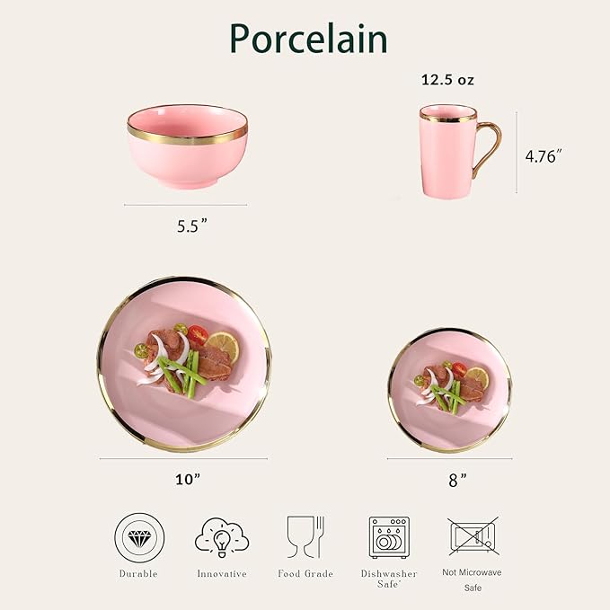 Modern Porcelain 16 Piece Pink Dinnerware Set Stoneware Dinnerware Sets for 4Plates and Bowls Sets Dinnerware with Gold Trim Gold Dish SetPink and Golden Rim.