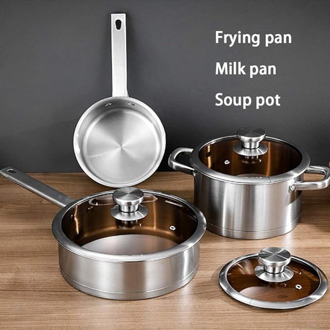 Cookware-Set 3-PieceCooking Pot Set with Glass-Lids All Types of Cookers Induction Gas Ceramic Electric (1Soup Pot 1Milk Pan1 Frying Pan) Stock Pot Variety Pack