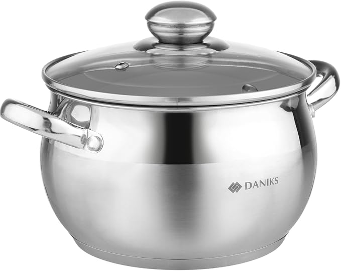 Daniks Classic 3 Quart Stainless Steel Stock Pot with Glass Lid Tri-Ply Bottom for Even Heating Induction Compatible Dishwasher Safe