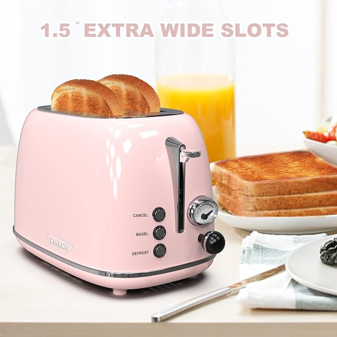 Toaster 2 sliceRetro Stainless Steel Toaster with 6 Settings 1.5 In Extra Wide Slots Bagel/Defrost/Cancel Function Removable Crumb Tray (Baby pink)