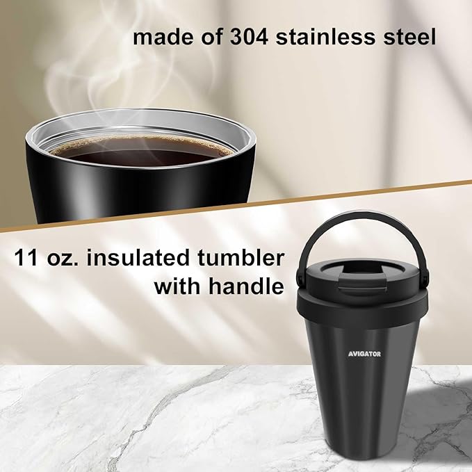 Single Serve Coffee Maker with 11oz. Travel Coffee Mug Stainless Steel Brew Strenth Adjustable Permanent Filter Black