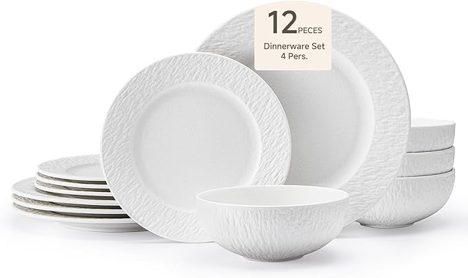 KINGSTONE Dinnerware Sets 12-Piece Matte Marble Pattern Premium Porcelain dishes set Plates and Bowls Sets for 4 Place Setting with Dinner Plate Salad Plate Pasta Bowl (White)