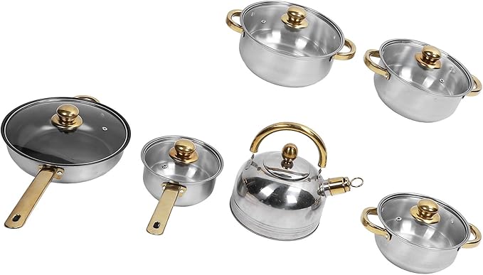 Stainless Steel Cookware Set with Gold Handle Pots and Pans for Home Kitchen - Rustproof Stick Proof Energy Efficient Suitable for All Stovetops (Gold Handle with Kettle)