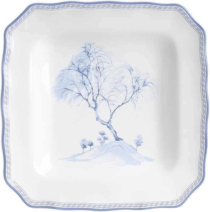222 Fifth 12-Piece Porcelain Dinnerware Set for 4 Glossy White Plates and Bowls Set with Blue Decal Elegant Square Ceramic Dish Set Kitchen Tableware Microwave &amp Dishwasher Safe Scenic Toile