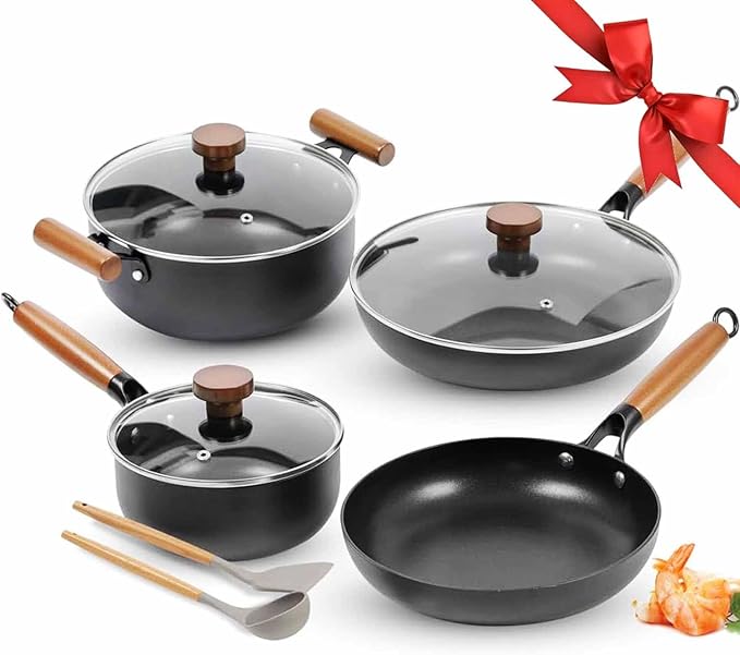 AUDANNE Nonstick Pots and Pans Set 9 Pieces Non Stick Kitchen Cookware Cooking Skillets Include Frying Pan with Lid Saucepan Casserole Spoon Turner Spatula PFOA Free for Induction Black