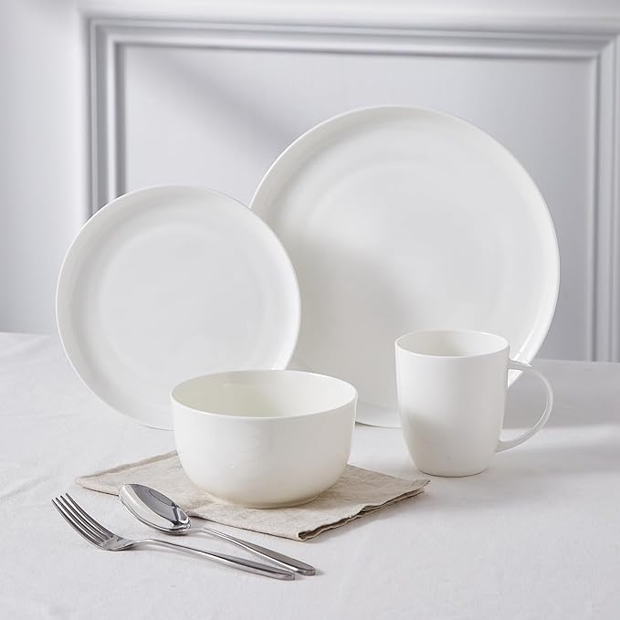 16Piece Bone China Dinnerware Set with Minimalist Pure White Design Embossed Plates Bowls mugs Chip-Resistant Lightweight Elegant and Durable Service for 4 White
