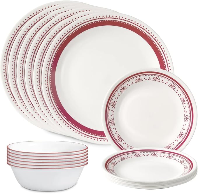 Corelle Everyday 18-PC Dinnerware Set Service for 6 Durable and Eco-Friendly Higher Rim Glass Plate &amp Bowl Set Microwave and Dishwasher Safe Sadie