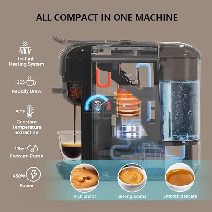4-in-1 Coffee MachineCapsule Coffee Machine 7-Speed Water Level AdjustmentHot and Cold Switchable19bar High Pressure Extraction600ml Water TankCompatible with a Variety Of Capsules