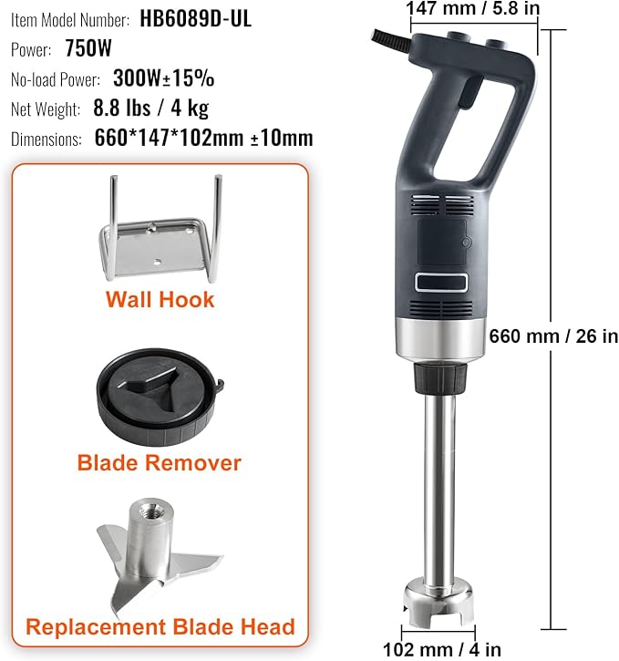 Happybuy 750W 12 Heavy-Duty Immersion Blender Variable Speed Hand Mixer with 304 Stainless Steel Blade Multi-Purpose Portable Mixer for Soup Smoothie Puree Baby Food