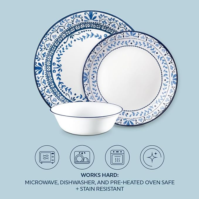 Corelle Vitrelle Glass Dinnerware Set Chip &amp Crack Resistant Triple Layer Glass 12-PC Dinnerware Set Portofino