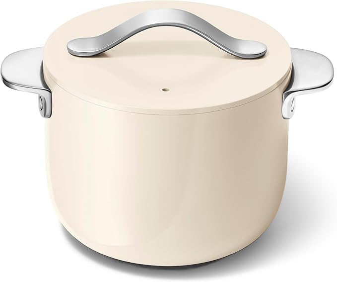 Caraway Petite Cooker - 2 Qt Ceramic Coated Pot - Free From Forever Chemicals - Perfect for Rice Grains or Sauces - Cream