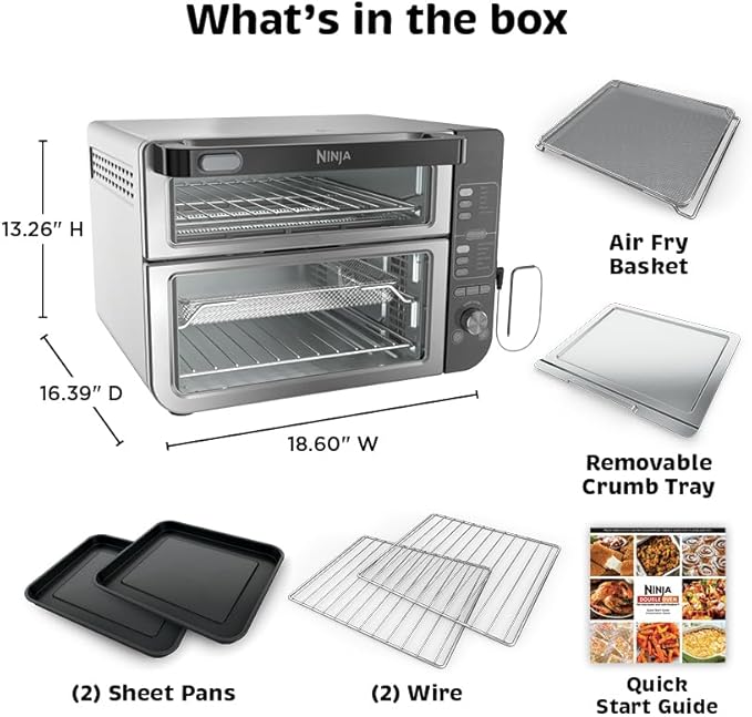 Ninja DCT451 12-in-1 Smart Double Oven with FlexDoor Thermometer FlavorSeal Smart Finish Rapid Top Convection and Air Fry Bottom  Stainless Steel