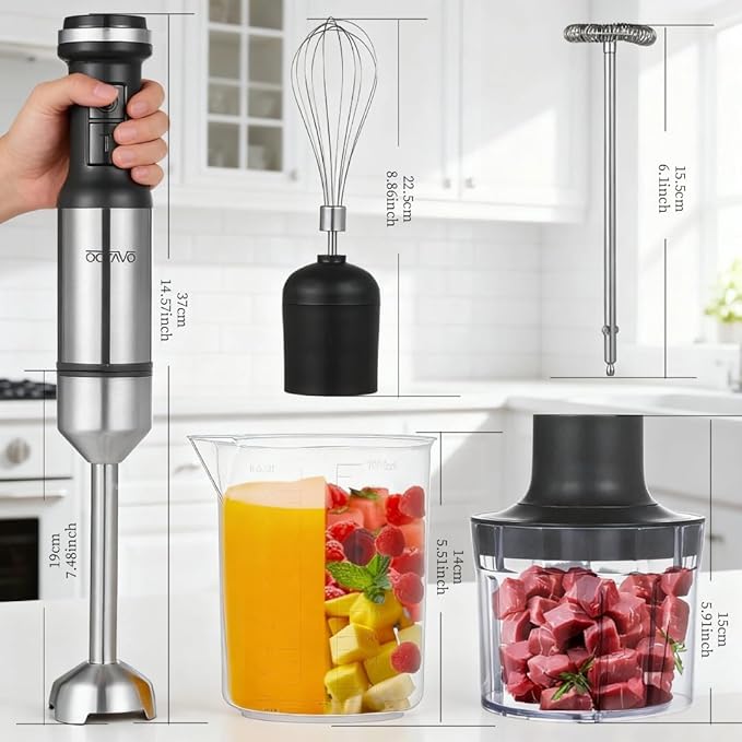 Octave Immersion Blender Handheld Corded Hand Blenders Set 800W Stepless Variable Speed 5 in 1 Stick Emulsifier with Chopper Whisk and Frother for Soup Smoothies