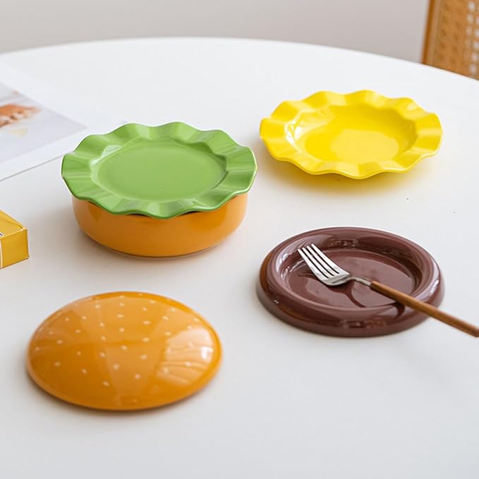 Hamburger Plate Set Ceramic Hamburger Plates And Bowls Sets 5-Piece Novelty Stackable Burger Dinnerware Set Cute Hamburg Style Dessert Plates Dishwasher Safety (Large-6.5x6.5x5.31 in)