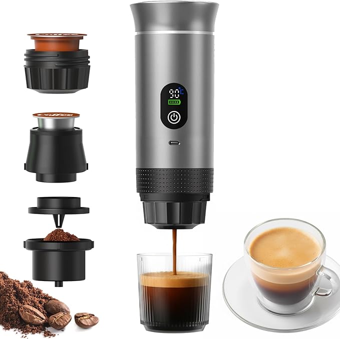 Portable 3-in-1 Espresso Coffee Maker Self-Heating &amp Rechargeable with Smart Display — Works with Ground Coffee Small &amp Large Capsules Travel &amp Camping Mini Machine 20-Bar Extraction