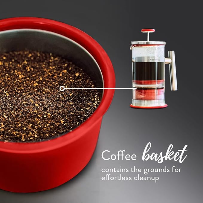 Simpli Press French Press Coffee &amp Tea Maker - Easy Cleanup &amp Customizable Smooth Coffee - Patented - Plastic-Free Premium Stainless Steel 34 oz - Red Color