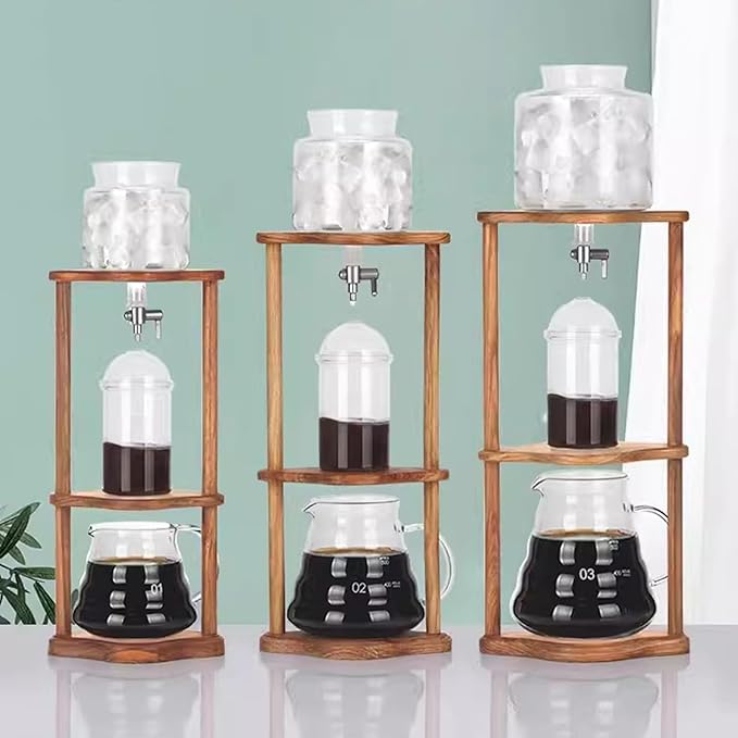 Cold Brew Drip Tower Iced Coffee Maker 600ml Glass Coffee Pot Adjustable Speed Dripper with Wood Stand Coffee Lover Gift Makes 6-8 Cups Coffee
