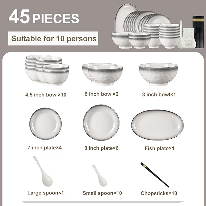 Gradient Dinnerware Sets for 10 Thick and Durability Bowl and Plate Set Easy to Clean Kitchen Dishes Sets High Temperature Resistance Dinner Set for Microwave Oven and Dishwasher 45 Pieces