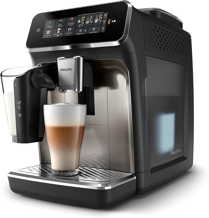 PHILIPS 3300 Series Fully Automatic Espresso Machine - LatteGo Milk System 5 Coffee Varieties Intuitive Touch Display SilentBrew 100% Ceramic Grinder AquaClean Filter Glossy Black (EP3347/90)