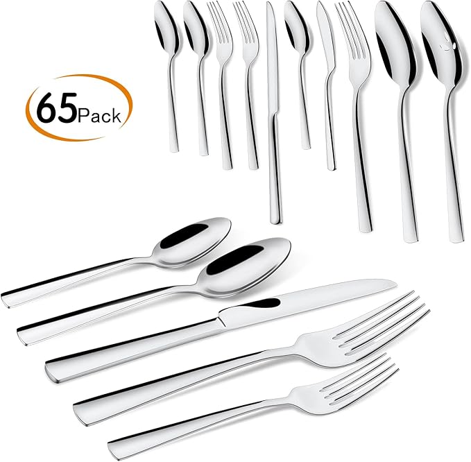 65 Piece Silverware Flatware Cutlery Set Stainless Steel Fork Spoon Knife Sets for 12 Dishwasher SafeErgonomic Design Size and Weight