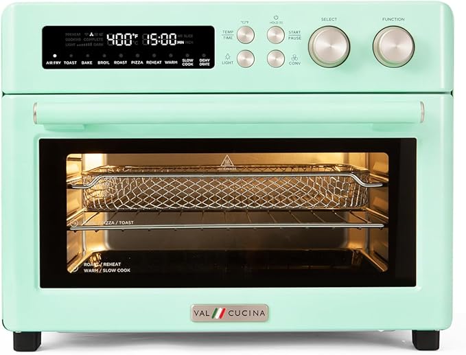 VAL CUCINA Retro Style Infrared Heating Air Fryer Toaster Oven Extra Large Countertop Convection Oven 10-in-1 Combo 6-Slice Toast Enamel Baking Pan Easy Clean with Recipe Book Green Color