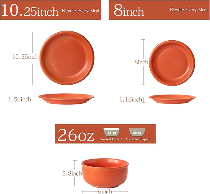 Timeworn Clay Dinnerware Set 12 Pieces Stoneware Sets for 4 Hand-Finished Glaze Farmhouse Plates and Bowls Microwave and Dishwasher Safe Terracotta Red