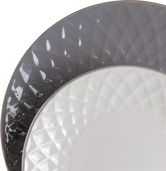 Luxurious 16 Piece Pearl Dinnerware Set - Stoneware Service for 4 Elegant Slate &amp Stone Finish Dishwasher &amp Microwave Safe Diamond Texture (Slate &amp Pearl)