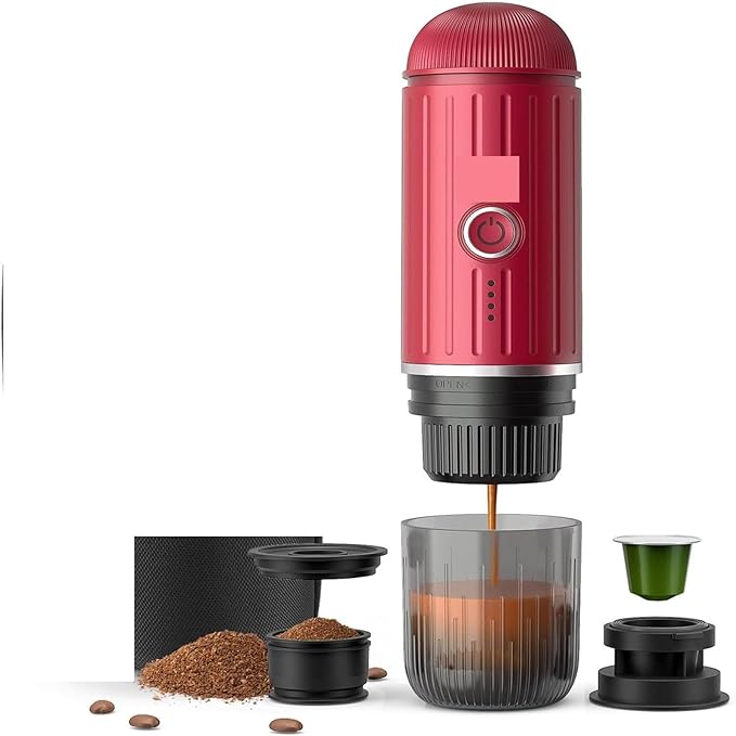 Heating Portable Coffee Machine Fit Capsule And Ground Travel Espresso Maker For Camping Office (Rosso)