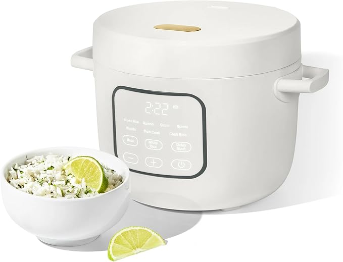 14-Cup Electric Rice and Grain Cooker Ceramic Nonstick Inner Pot 8 Preset Cooking Functions Automatic Keep Warm Programmable Timer Steamer Tray Included White Kitchen Appliance