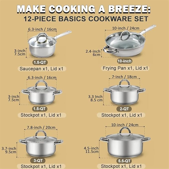 Kitchen Cookware Sets 12 Piece Basic Stainless Steel Pots and PansSilver HandleOne-Grey Silicone Handle-One