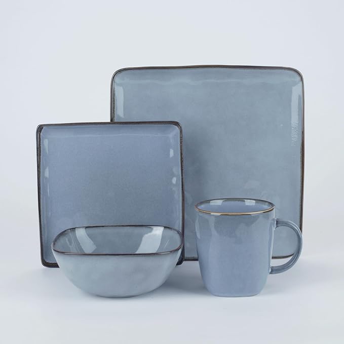Famiware Ocean Square Plates and Bowls Sets for Kitchen 16-Piece Dinnerware Sets for 4 Mug Set for 4 Blue