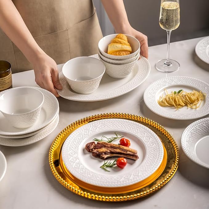 18-Piece White Ceramic Dinnerware Set - Relief Series Service for 6 Includes Bowls &amp 8''/9.6'' Plates Glossy Finish