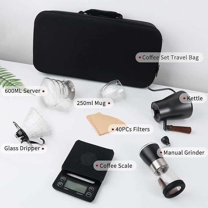 Pour Over Coffee Maker Set Portable coffee Set - Manual Coffee Grinder Coffee Dripper Set Gooseneck Kettletwo cups suitable for Camping RV Home and Office