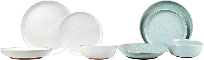 Sango Kaya 16-Piece Stoneware Dinnerware Set – Service for 4 Plate &amp Bowl Set Featuring Rustic Blue Speckled Design for Everyday Dining &amp Entertainment Microwave &amp Dishwasher Safe