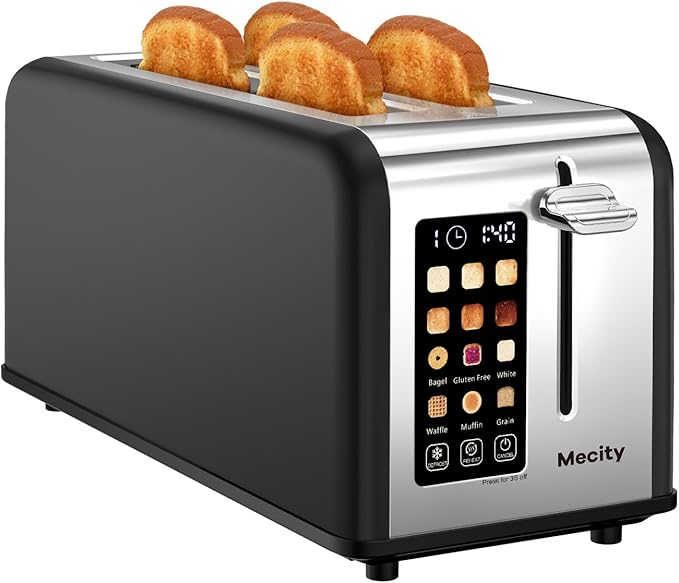Mecity 4 Slice Toaster with Touchscreen Long Slot Stainless Steel Smart Bread Toaster for Bagel Muffin Waffle Gluten Free Breads Timer Defrost Reheat 120V 1400W