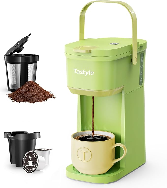 Single Serve One Cup Coffee Maker for K Cups and Grounds Mini Coffee Maker with Portable Handle 6 to 12 Oz Brew Size for Travel Camping Office RV and Dorm 120V Lime Green