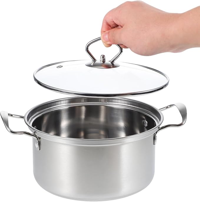 Kichvoe 5 Sets Stainless Steel Stock Pots Set with Glass Lids - Induction Cookware for Kitchen Use - Double Handle Soup Pots