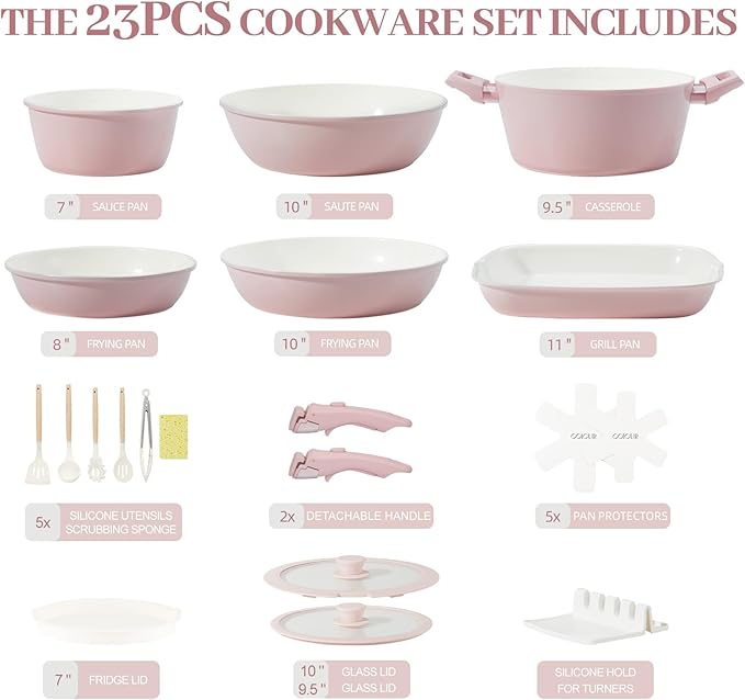23Pcs Ceramic Cookware Set Non Stick Pots and Pans Set Non Toxic with Detachable Handle Induction Kitchen Cookware Set Space Saving Oven &amp Dishwasher Safe Light Pink