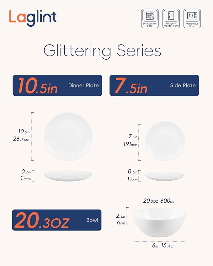 Dinnerware Sets Light &amp Durable 18 Pieces Opal Glass Plates and Bowls Set Dishwasher and Microwave Safe Dish Dinning Ware Thin but Strong Geometric Faceted White