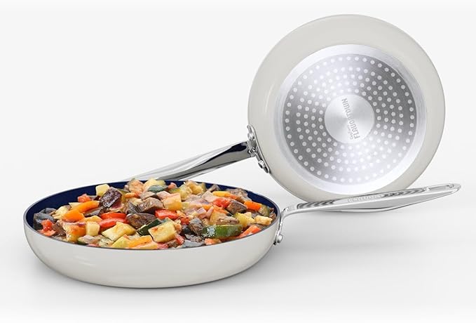 Guy Fieri's Flavortown 2-Piece Ceramic Cookware Set Nonstick Frying Pan Set 10 and 12 Easy-Clean Kitchen Cookware Made without PFAS PTFE PFOA Induction Compatible Dishwasher Safe Blue &amp Wh