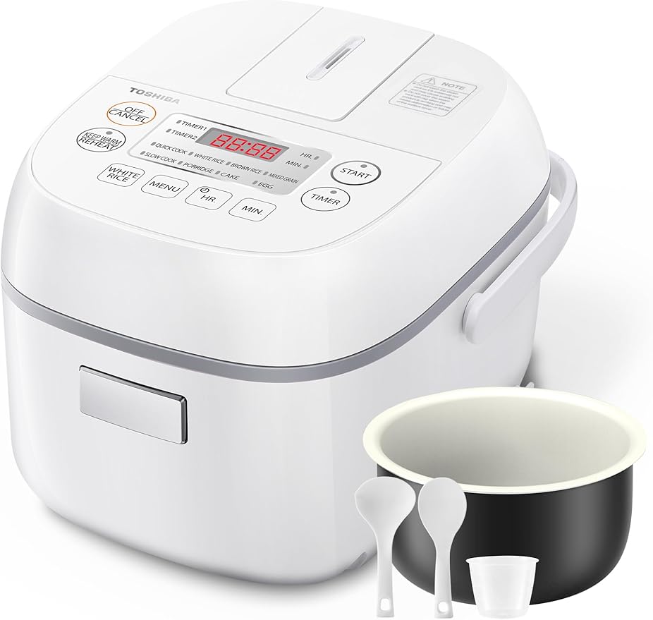 Toshiba Mini Rice Cooker 3 Cups Uncooked Small Rice Cooker Steamer &amp Warmer With Fuzzy Logic And One-Touch Cooking 24 Hour Delay Timer And Auto Keep Warm Feature White