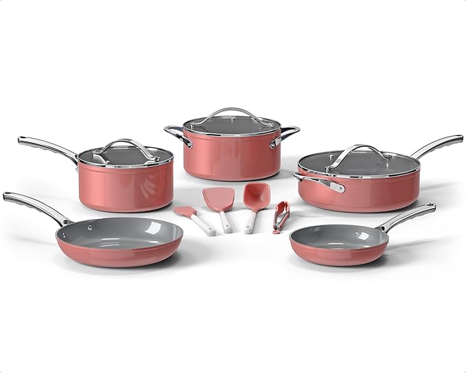 Bakken 12-Piece Aluminum Cookware Set with Ceramic Nonstick Coating PTFE &amp PFAS Free All Stovetop Safe Up To 500°F Pots and Pans Set with Lids Silicone Utensils Included Dishwasher Safe Pink