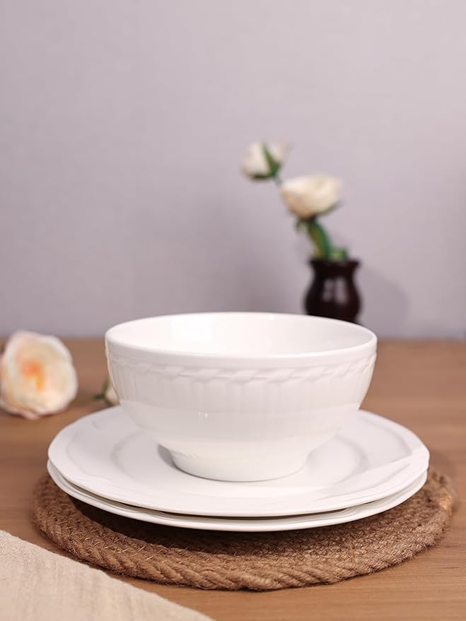 GDCZ 3-Piece Dinnerware Set Round Plates and Bowls Set Microwave &amp Dishwasher Safe Easy Clean White