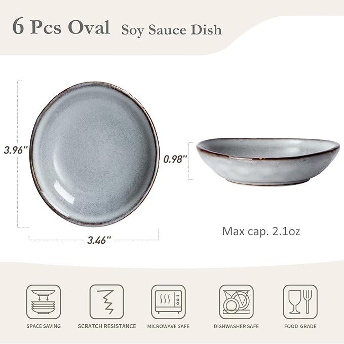Famiware Ocean Square 12 Pieces Dinnerware Set + 6 Pieces Oval Dipping Bowl Set Microwave and Dishwasher Safe Grey