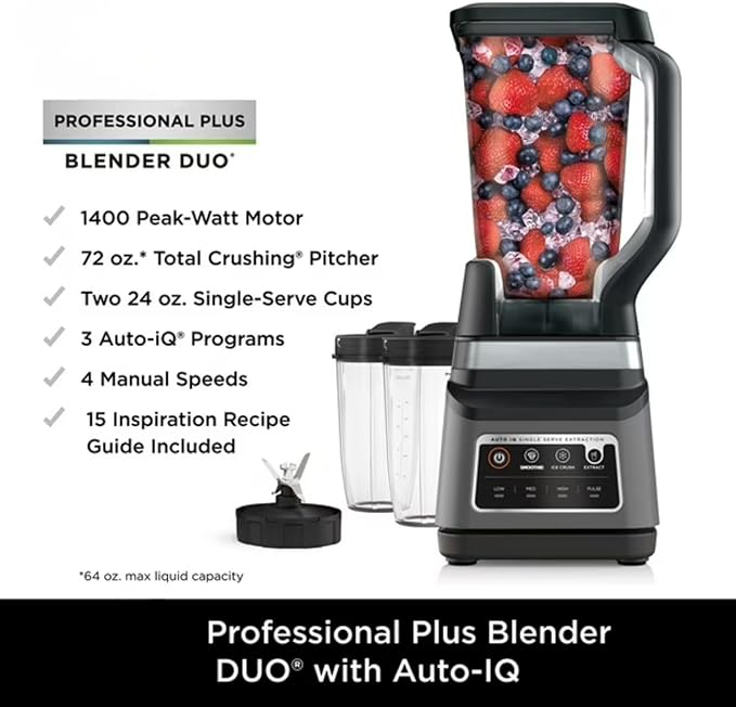 Professional Blender DUO 1400W 72oz Pitcher &amp 2x24oz Cups Auto-iQ Programs Ice Crushing Dishwasher Safe