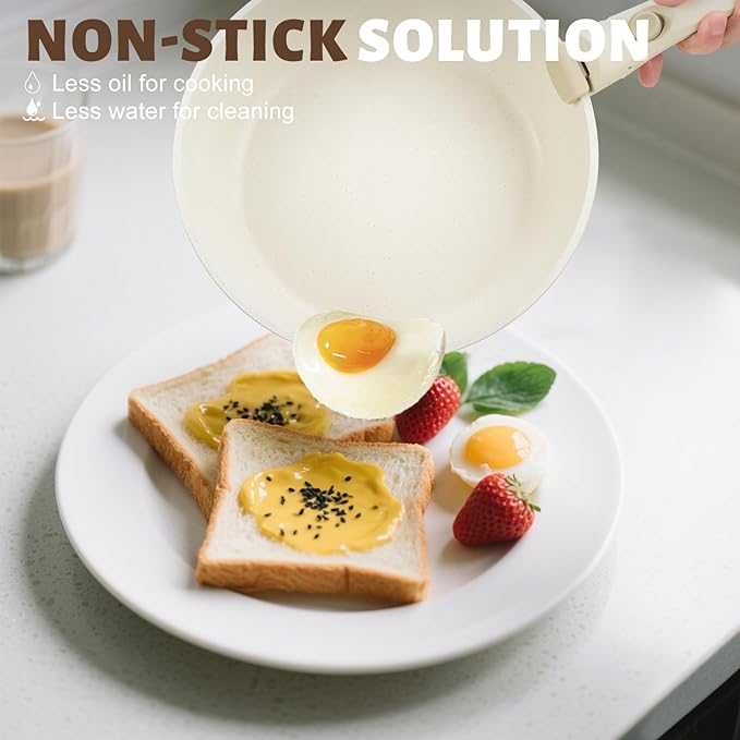Numola 10 pcs Pots and Pan Set Non Stick with Detachable Handle Ceramic Cookware Set for Stackable Induction Kitchen Cookware Set for RV Dishwasher ＆ Oven Safe Cream White