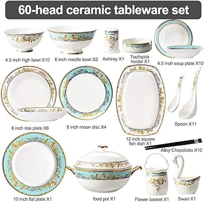 Dinnerware Set Dinner Party Tableware Service Set Dinnerware Sets Porcelain Bone China Dish Sets Bowls/Dessert Plates/Dinner Plates/Pot/SaucersOne Color-60 pcs